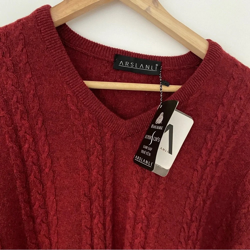 ARSLANLI DEEP RED/BURGUNDY V NECK CABLE KNIT WOOL BLEND SWEATER, LARGE - Picture 4 of 12